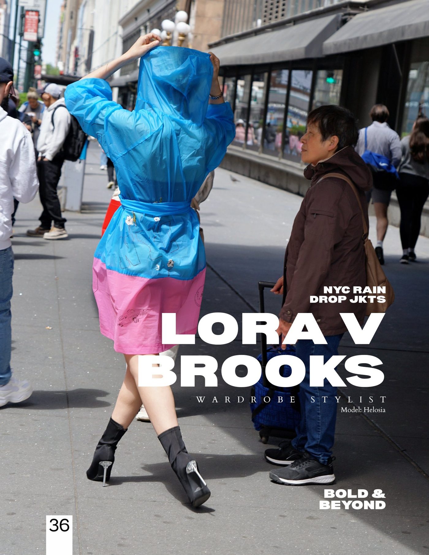 Blue rain drop jacket NYC streets